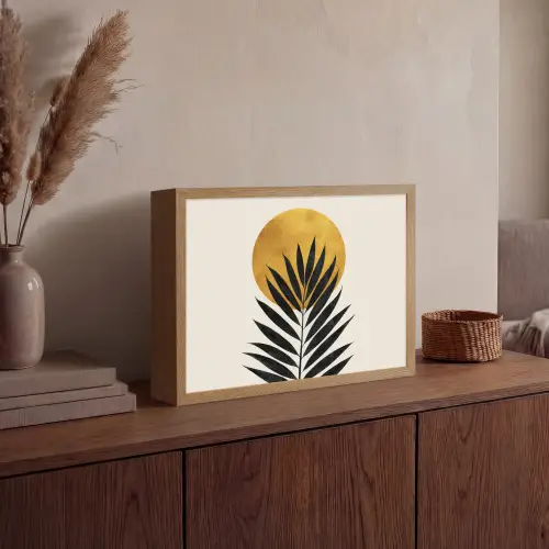 Zwart palmblad - Gouden cirkel - Beige achtergrond Light Box met batterij (Wandlamp) middel -sfeer2