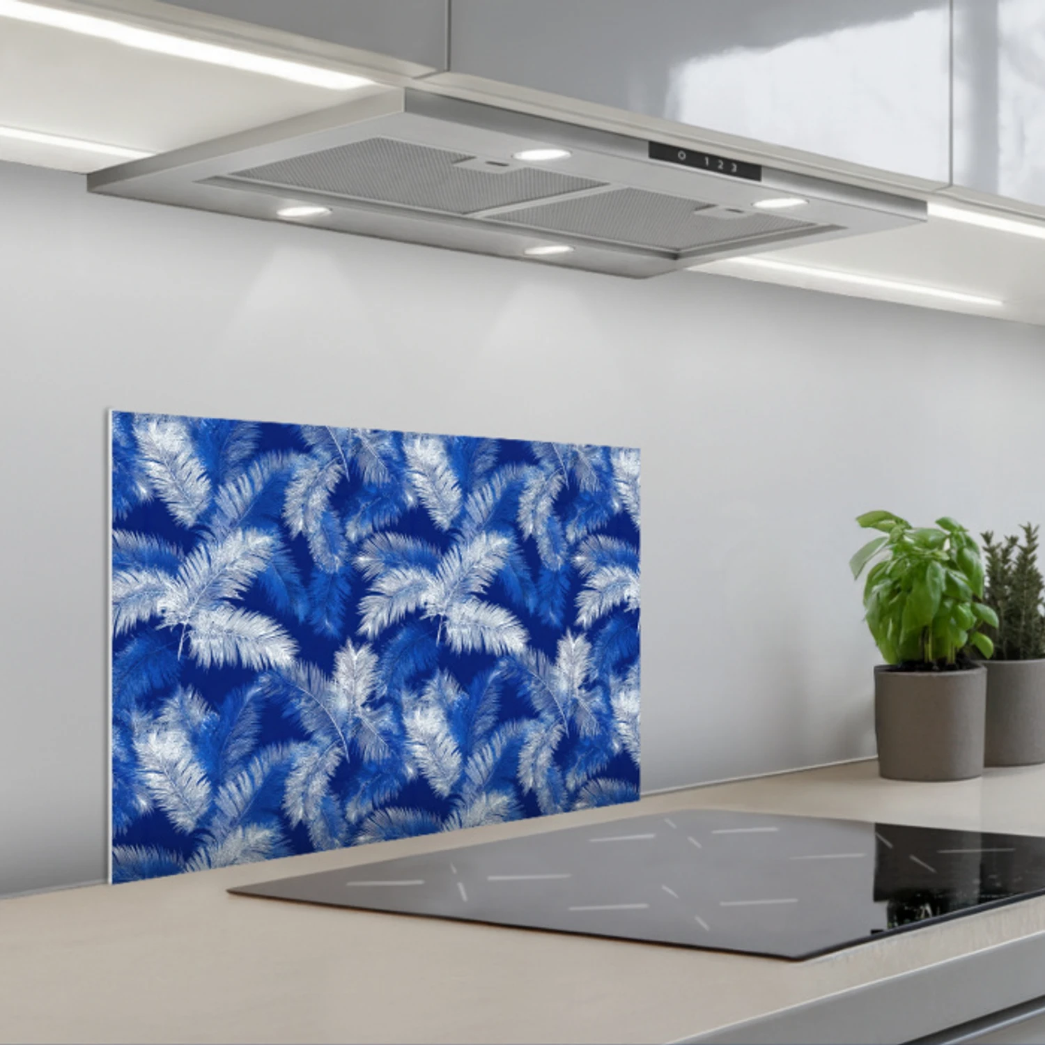 Kitchen splashback for hob - Palm leaf - Pattern - Blue | Kitchenyeah.co.uk