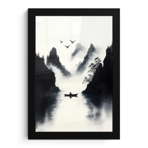 Roeiboot - Mistig - Bergen - Vogels fotolijst zwart zonder passe partout klein -3d