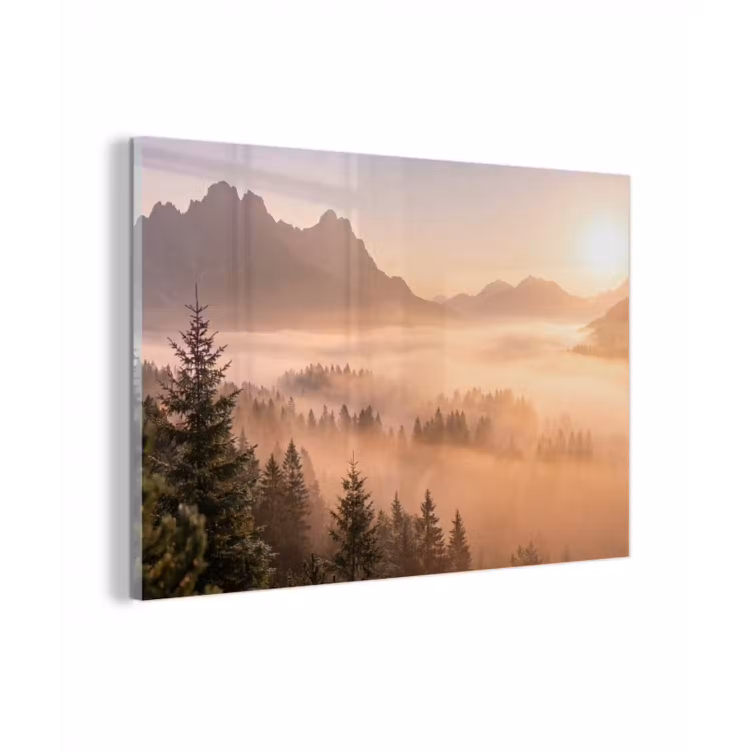 Glasbild - Sonnenlicht - Nebel - Berge - Bäume
