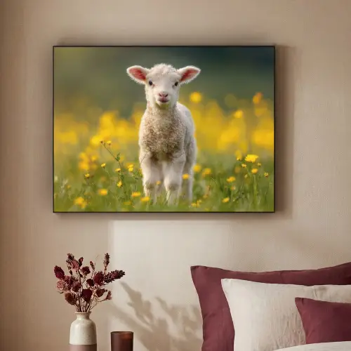 Lammetje - Gras - Bloemen - Geel Textielframe zwart klein -sfeer1