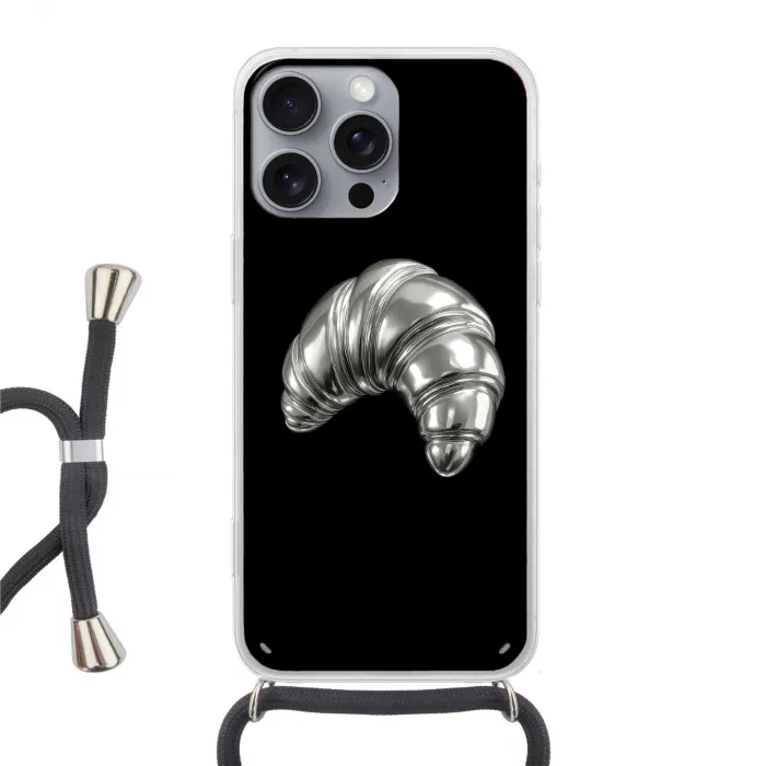 Croissant - Metaal - Zilver Hoesje iPhone 16 Pro Max met koord klein -3d