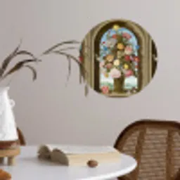 Vaas met bloemen in een venster - Schilderij van Ambrosius Bosschaert de Oude Wandcirkel behangsticker klein -sfeer3