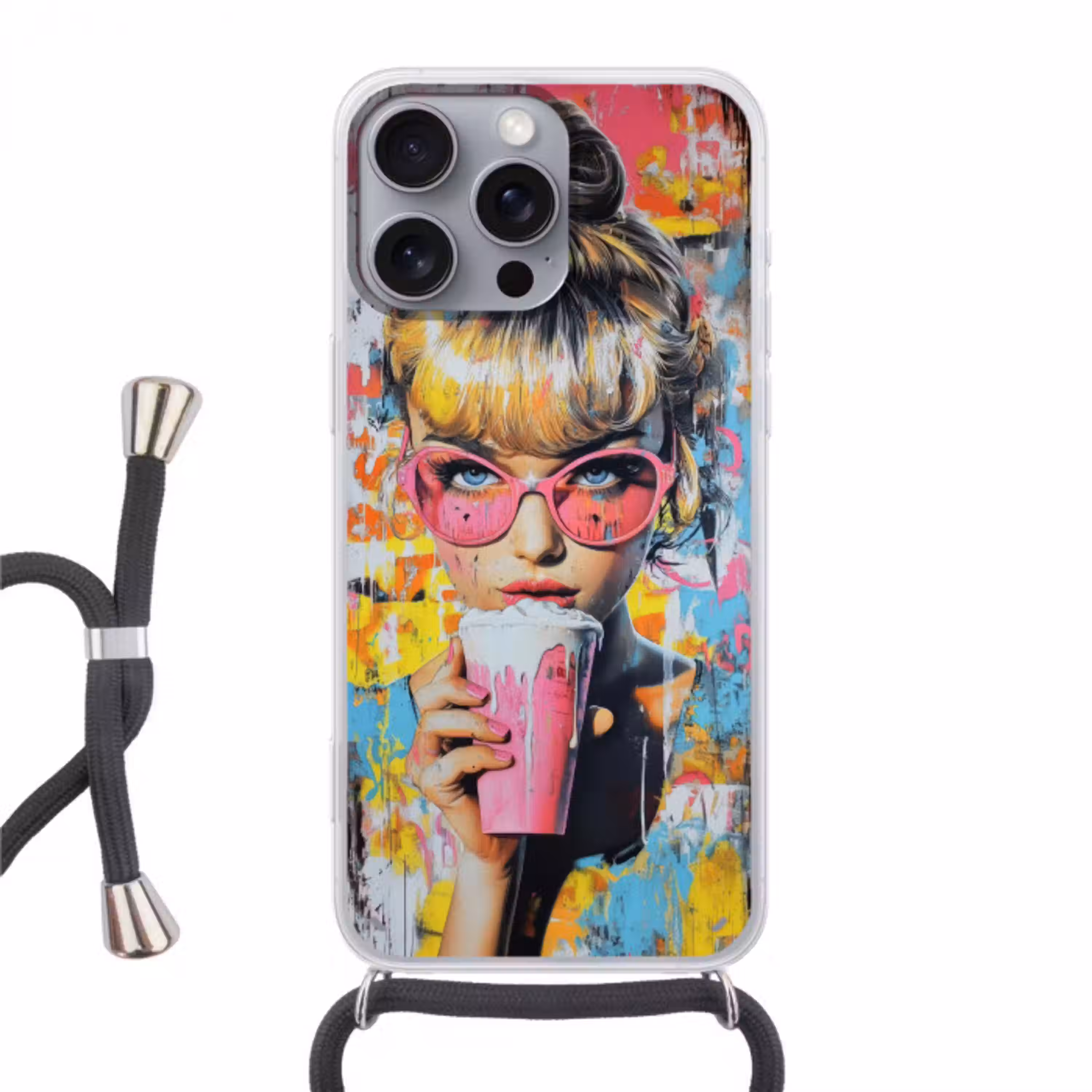 Expressief - Milkshake - Vrouw - Felle kleuren Hoesje iPhone 16 Pro Max met koord klein -3d