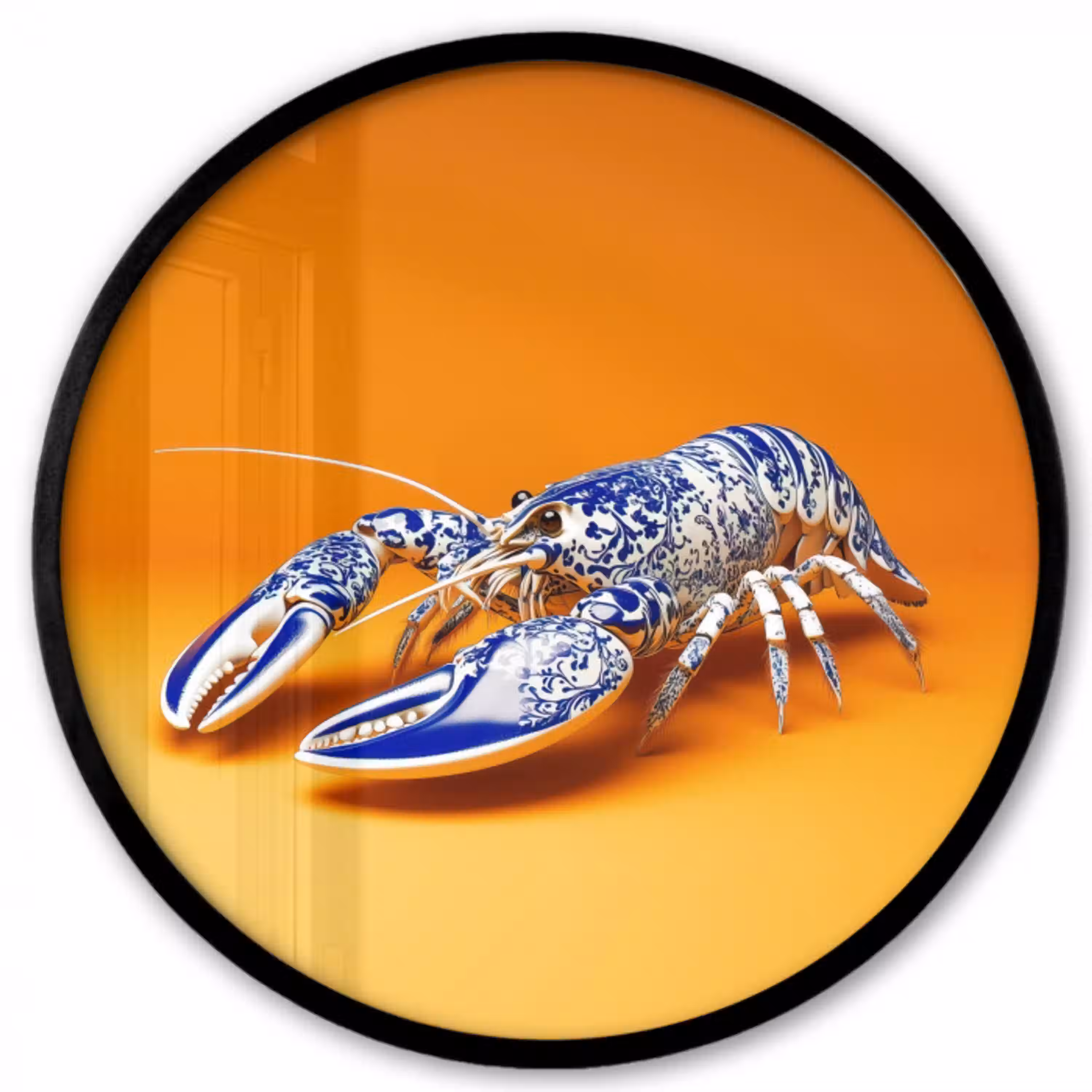 Kreeft - Delftsblauw - Schild - Stoer - Oranje Fotolijst rond zonder passe partout klein -3d