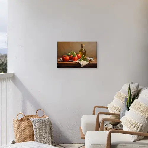 Tomaten - Olijfolie - Stilleven Tuinposter op houten frame 2 cm dik klein -sfeer1