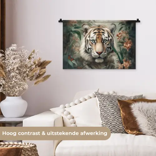 Tijger - Vlinders - Dieren - Jungle - Bloemen Wandkleed katoen klein -sfeer1
