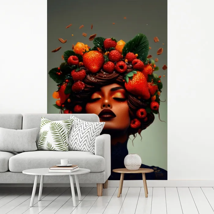 Vrouw - Chocolade - Frambozen - Aardbeien - Koekjes fotobehang vinyl groot -woonkamer