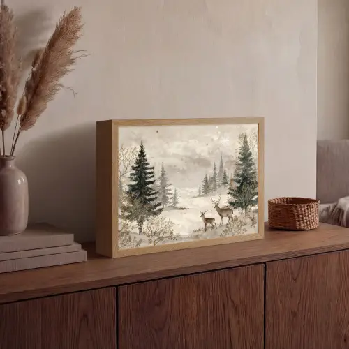 Bos - Herten - Winter - Sneeuw Light Box met batterij (Wandlamp) middel -sfeer2