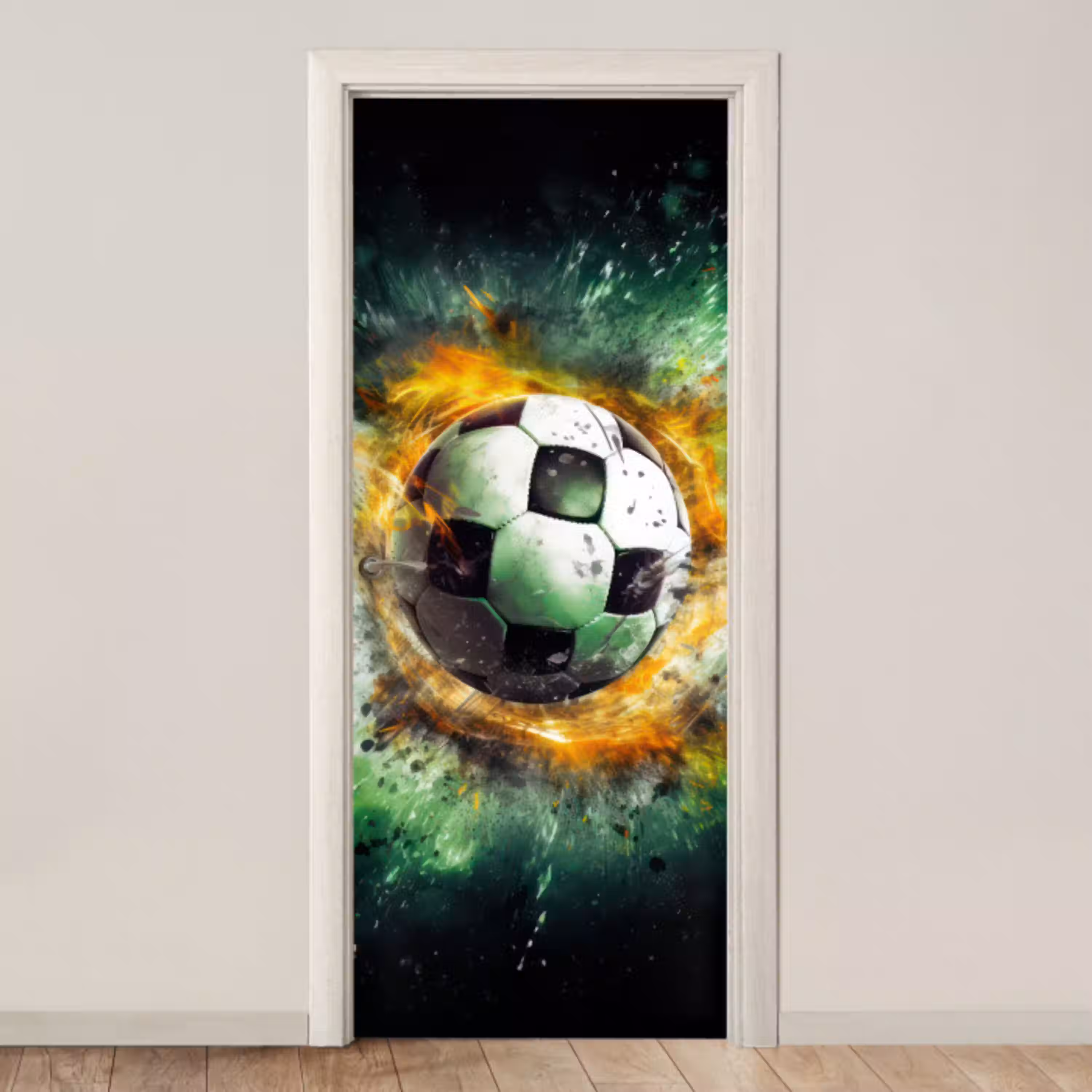 Bal - Voetbal - Groen - Oranje - Rook deurposter klein -3d_beige
