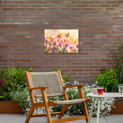 Vlinders - Oranje - Bloemen Tuinposter op houten frame 2 cm dik klein -sfeer3