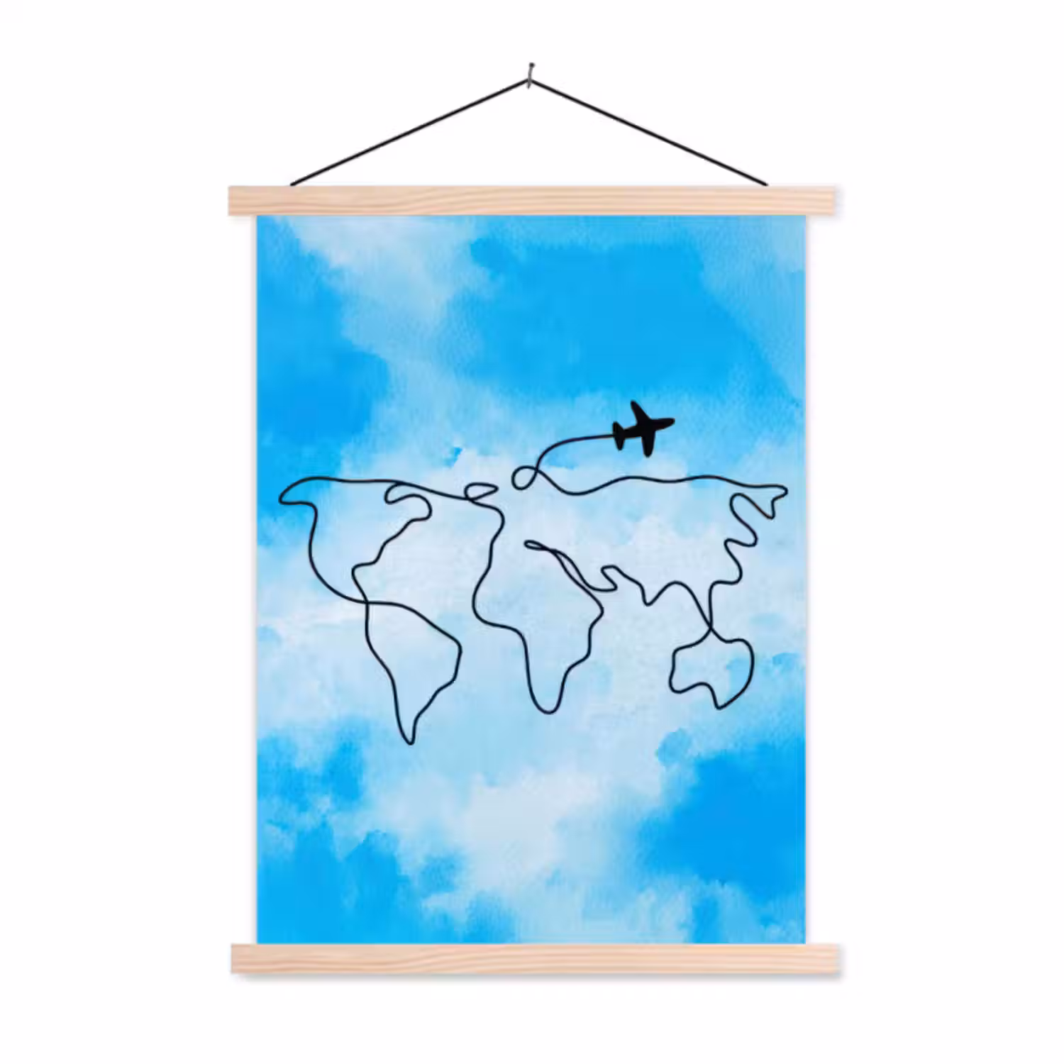 Stoffbild - Aquarell - Blau - Weltkarte - Flugzeug