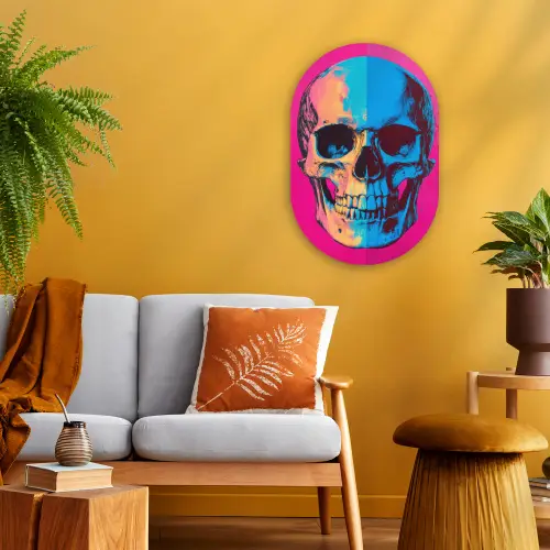 Neon - Blauw - Pop-art - Schedel Wandcirkel Ovaal Forex klein -sfeer4