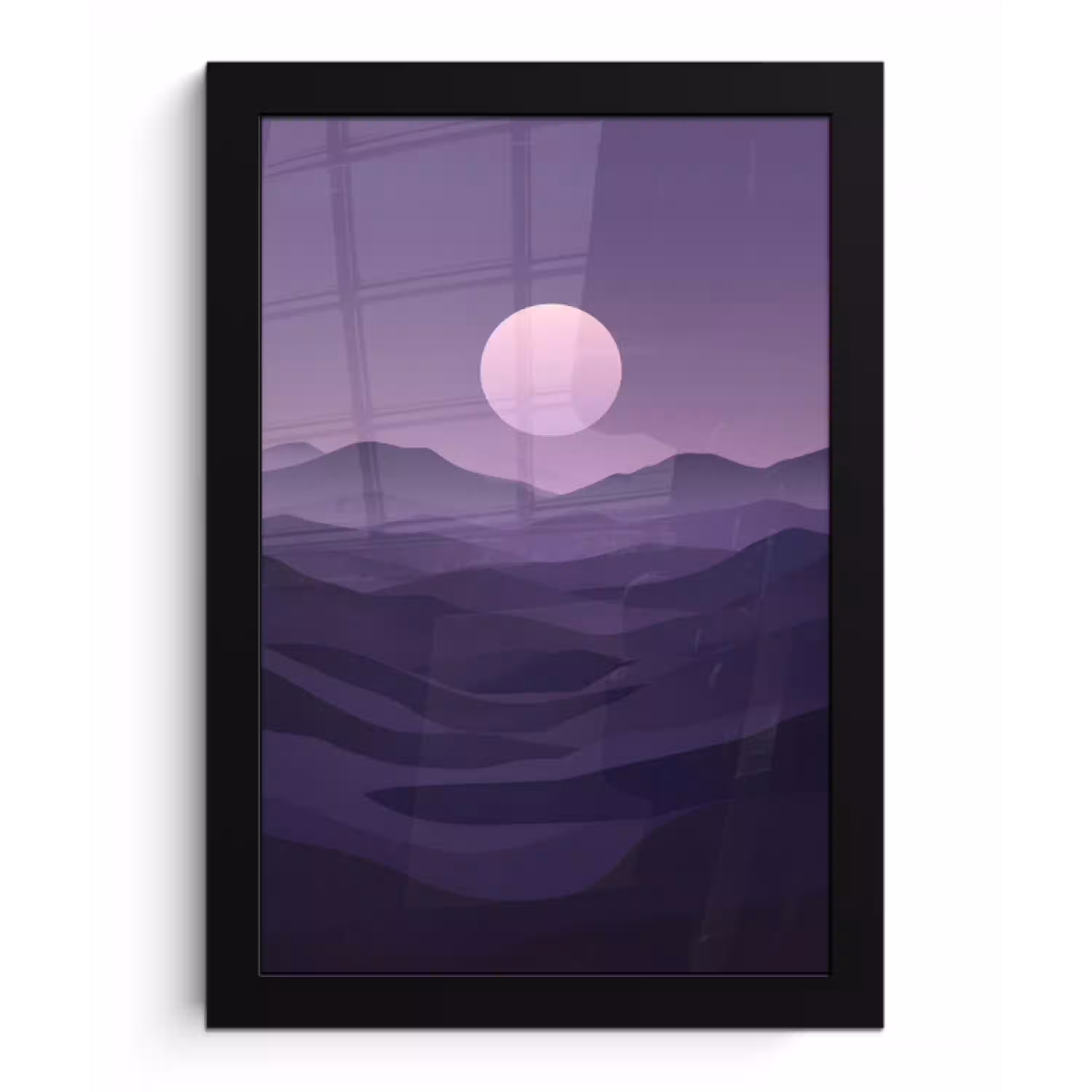 Heuvels - Paars - Mist - Zon fotolijst zwart zonder passe partout klein -3d