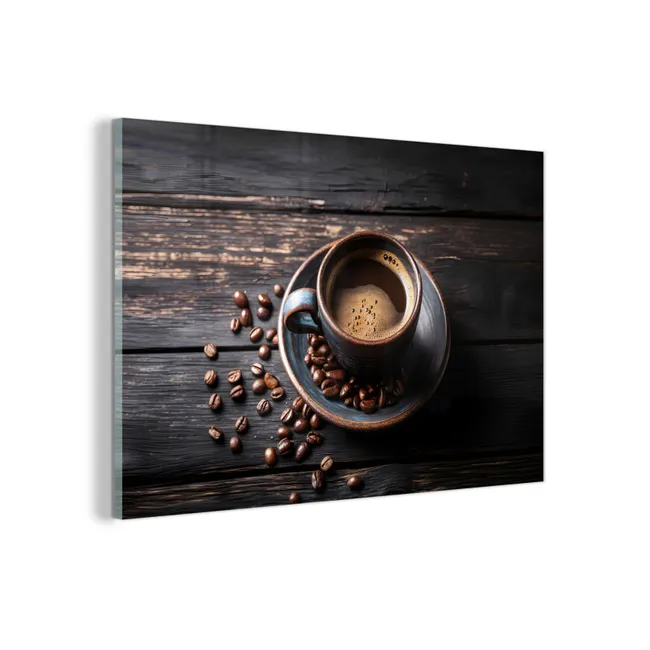 Glas schilderij - Kop - Koffie - Hout - Bonen
