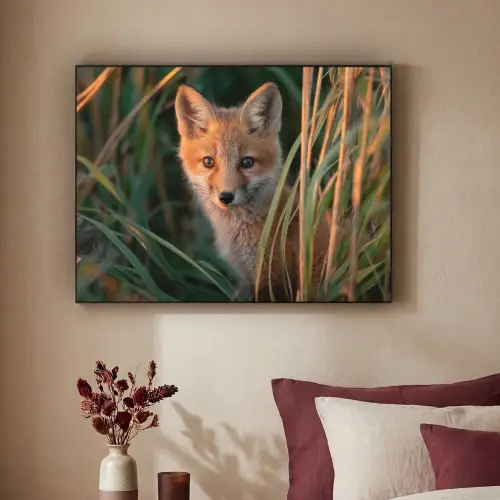 Vos - Oranje - Gras Textielframe zwart klein -sfeer1