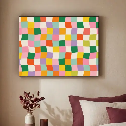 Vierkanten - Kleurrijk - Golvend Textielframe zwart klein -sfeer1