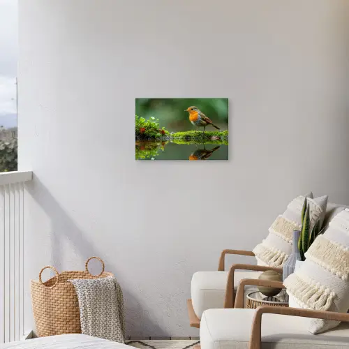 Roodborstje bij het Water Tuinposter op houten frame 2 cm dik klein -sfeer1