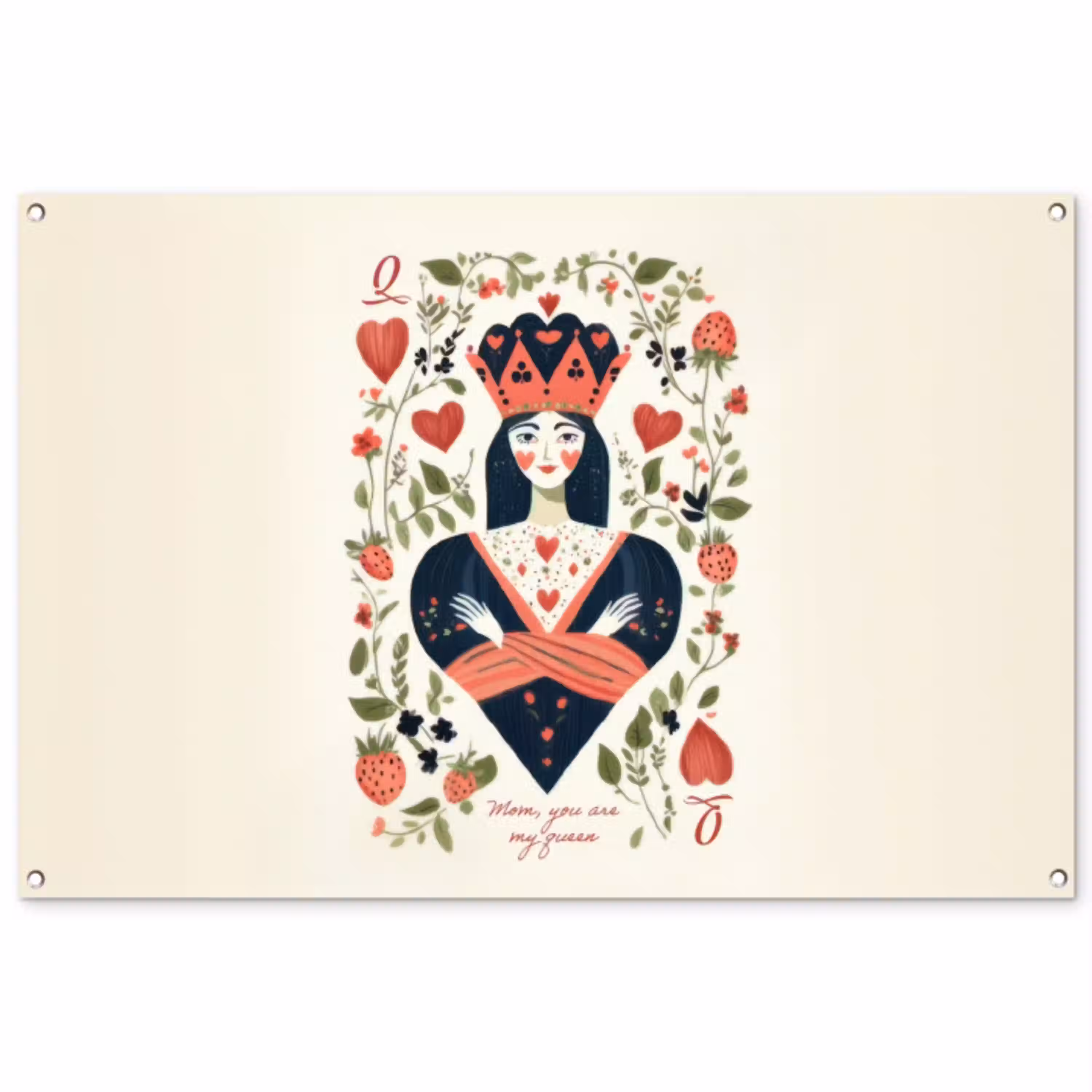 Speelkaart - Hartenkoningin - Bloemen - Hartjes tuinposter los doek groot -3d