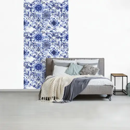 Bloemen - Blauw - Patroon - Wit fotobehang vinyl groot 64 -slaapkamer