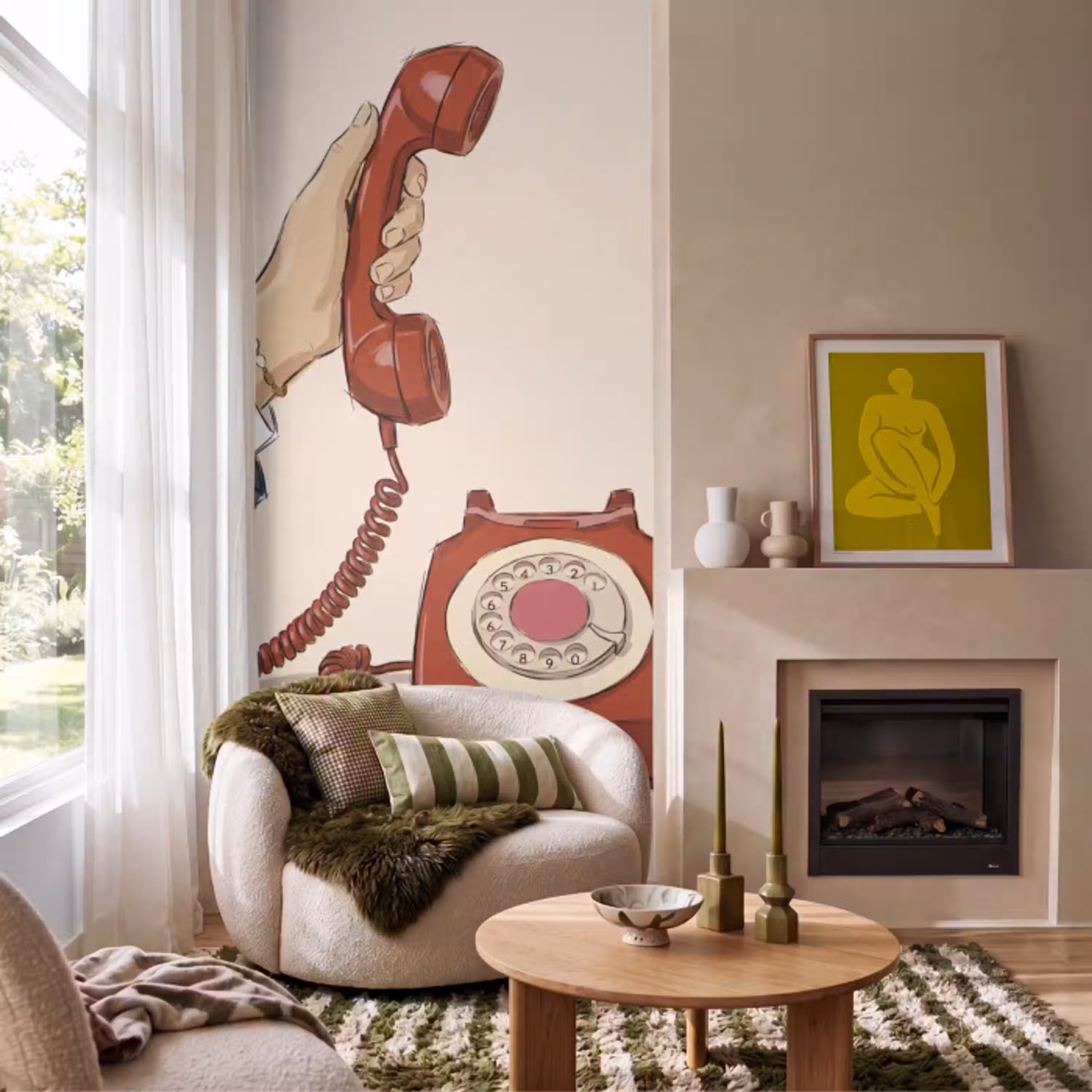 Telefoon - Hand - Vintage - Communicatie - Rood Behang Vlies klein -sfeer2