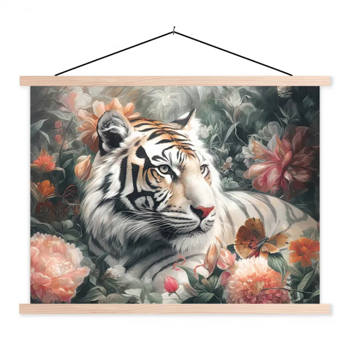 Tijger - Wilde dieren - Bloemen - Jungle textielposter latten blank klein -3d