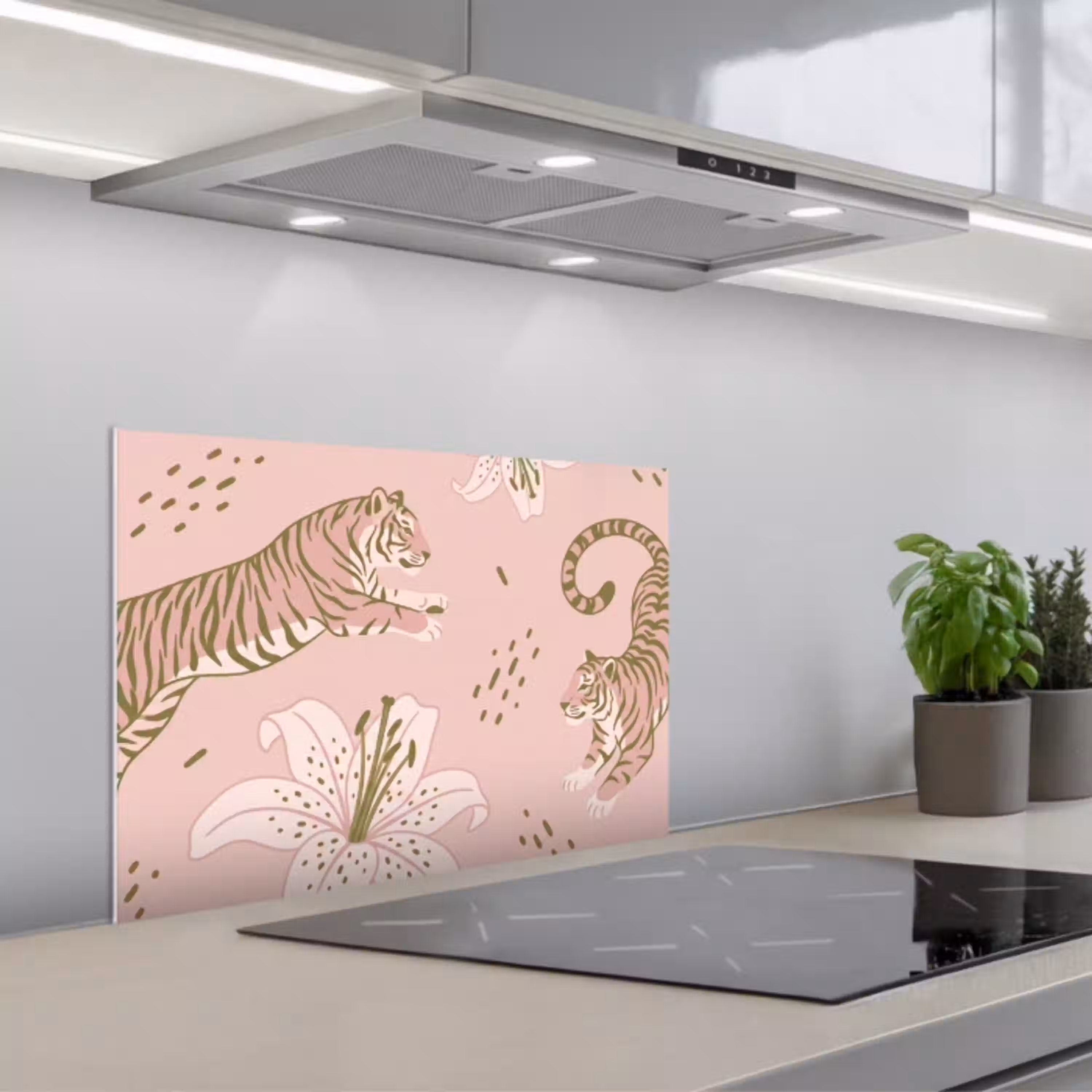 Kat - Springend - Bloemen - Abstract - Roze keuken achterwand spatscherm klein -3d_schuin