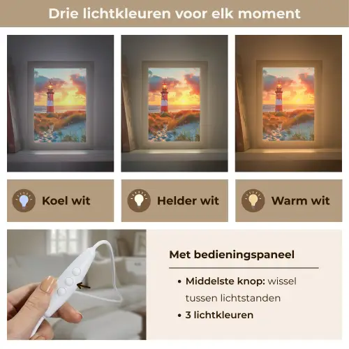 Vuurtoren - Zonsondergang - Duinen - Horizon Light Box met kabel (Tafellamp) klein -USP_lichtkleurNL
