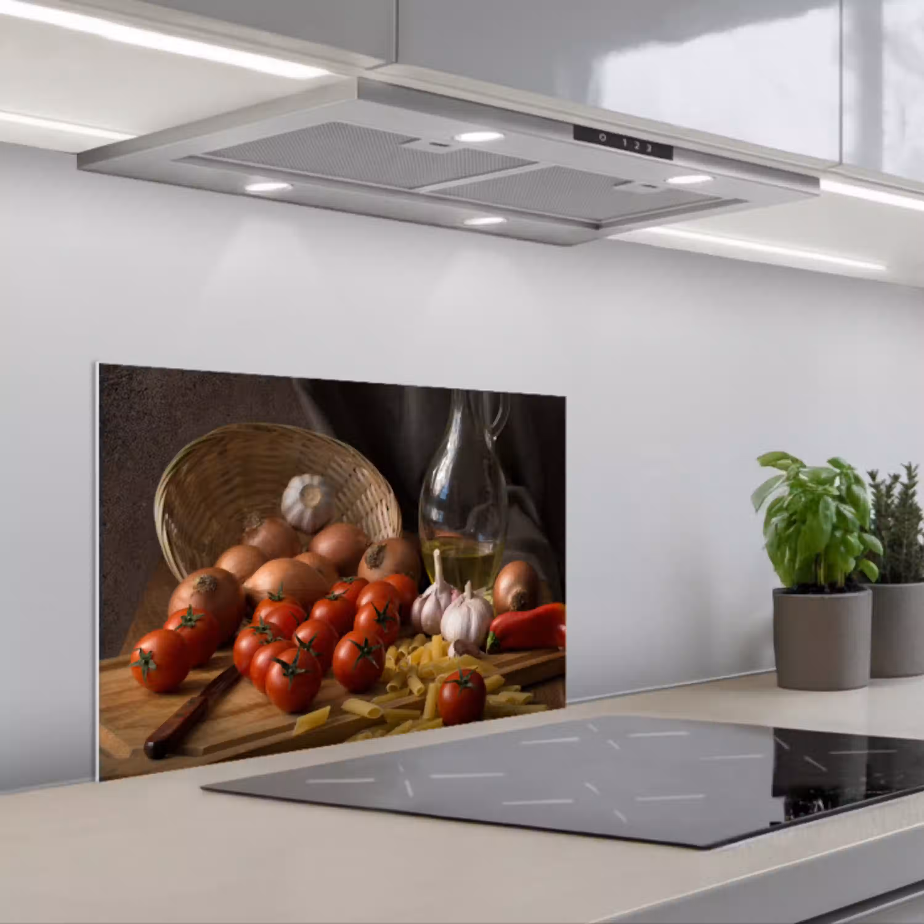 Snijplank - Groente - Stilleven - Pasta - Uit - Tomaat - Snijplank keuken achterwand spatscherm klein -3d_schuin