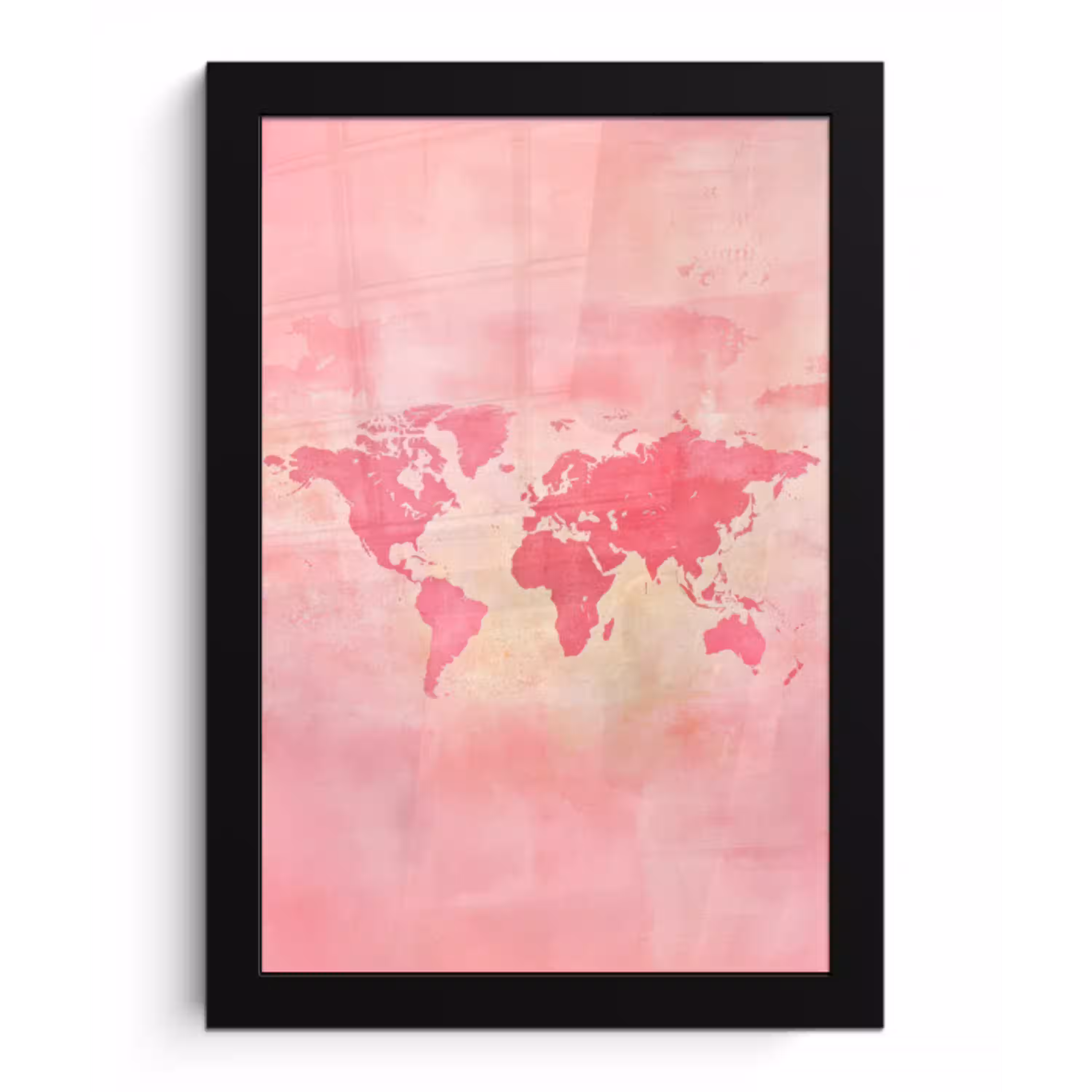 Wereldkaart - Roze - Vaag fotolijst zwart zonder passe partout klein -3d