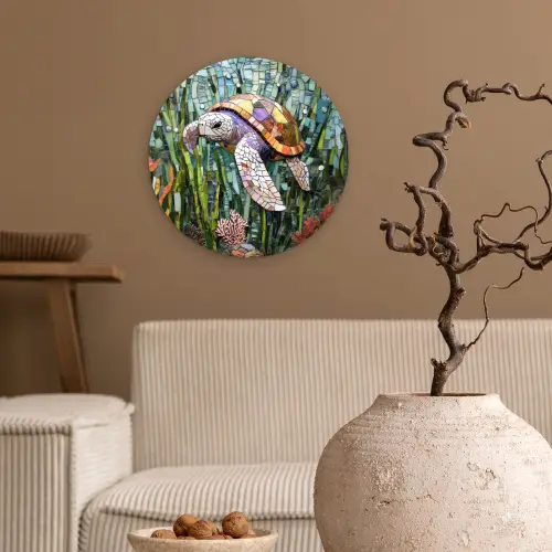 Schildpad - Zeewier - Mozaïek Wandcirkel kunststof plaat 5mm dik klein -sfeer1