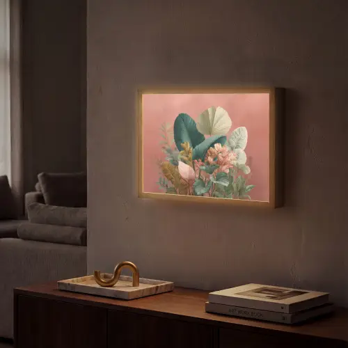 Tropische bladeren - Bloemen - Roze - groen Light Box met batterij (Wandlamp) middel -sfeer1