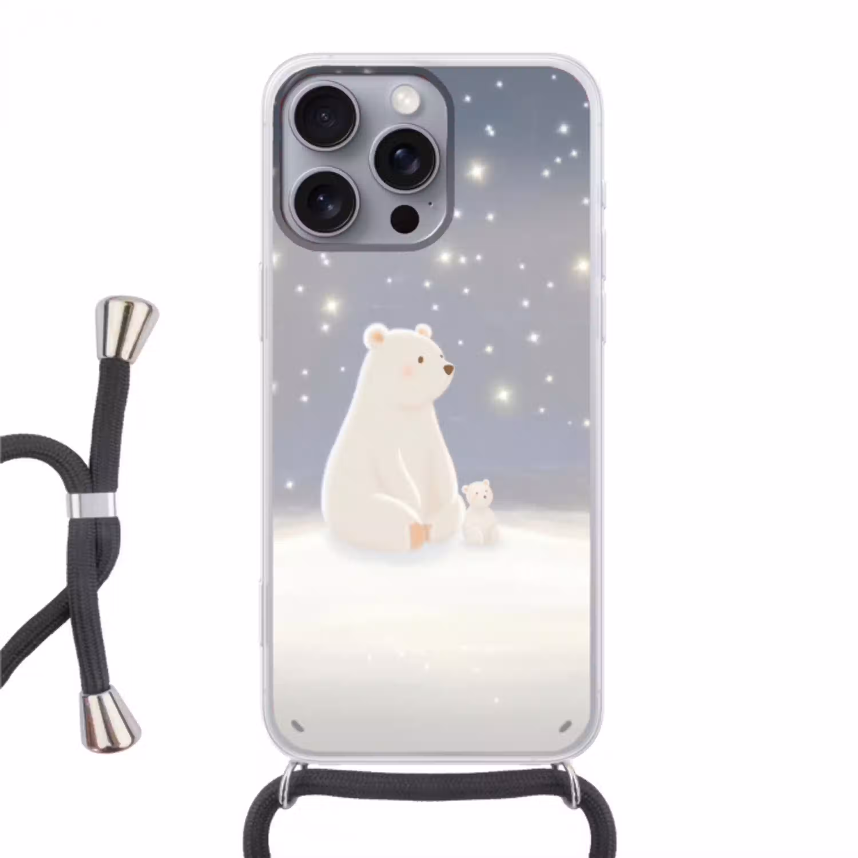 Ijsbeer - Sneeuw - Sterren - Blauw Hoesje iPhone 16 Pro Max met koord klein -3d