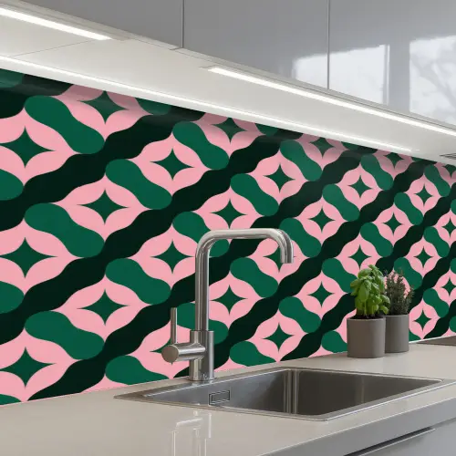 Groen - Roze - Retro - Sterren keuken achterwand 2 middel 871 -3d_schuin