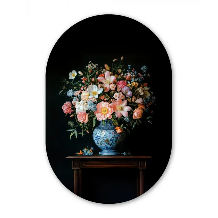 Roze - Bloemen - Vaas - Kleuren Wandcirkel Ovaal Glas middel -3d