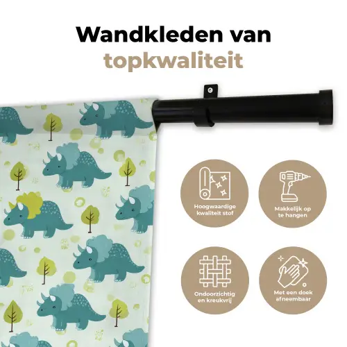 Triceratop - Blauw - Stippen - Boompjes Wandkleed katoen klein -sfeer2