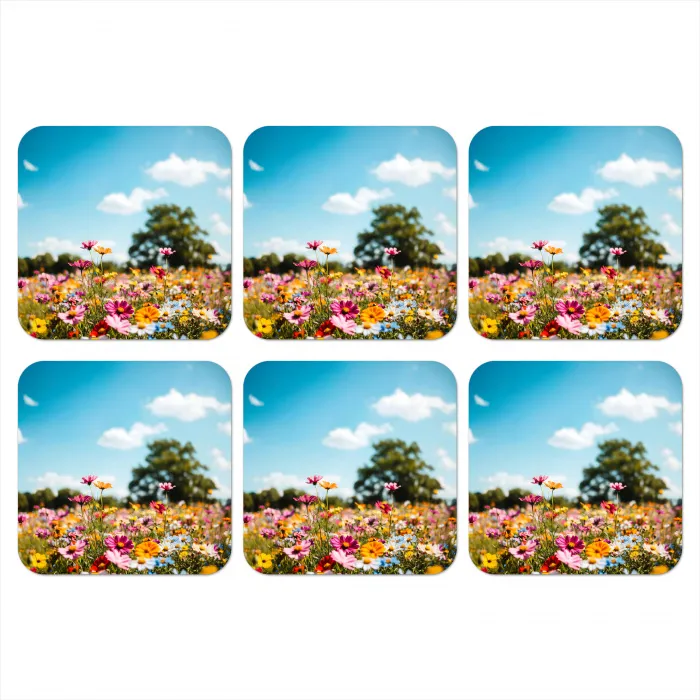 Bloemenweide - Blauw - Lucht - Kleuren onderzetter kurk middel -3d