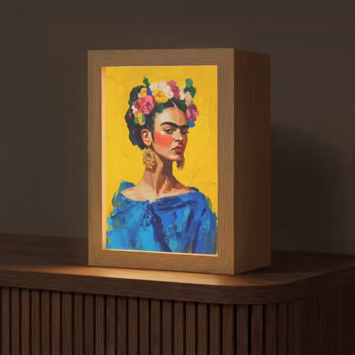 Tischlampe - Frida Kahlo - Frau - Gelb - Blau - Blumen