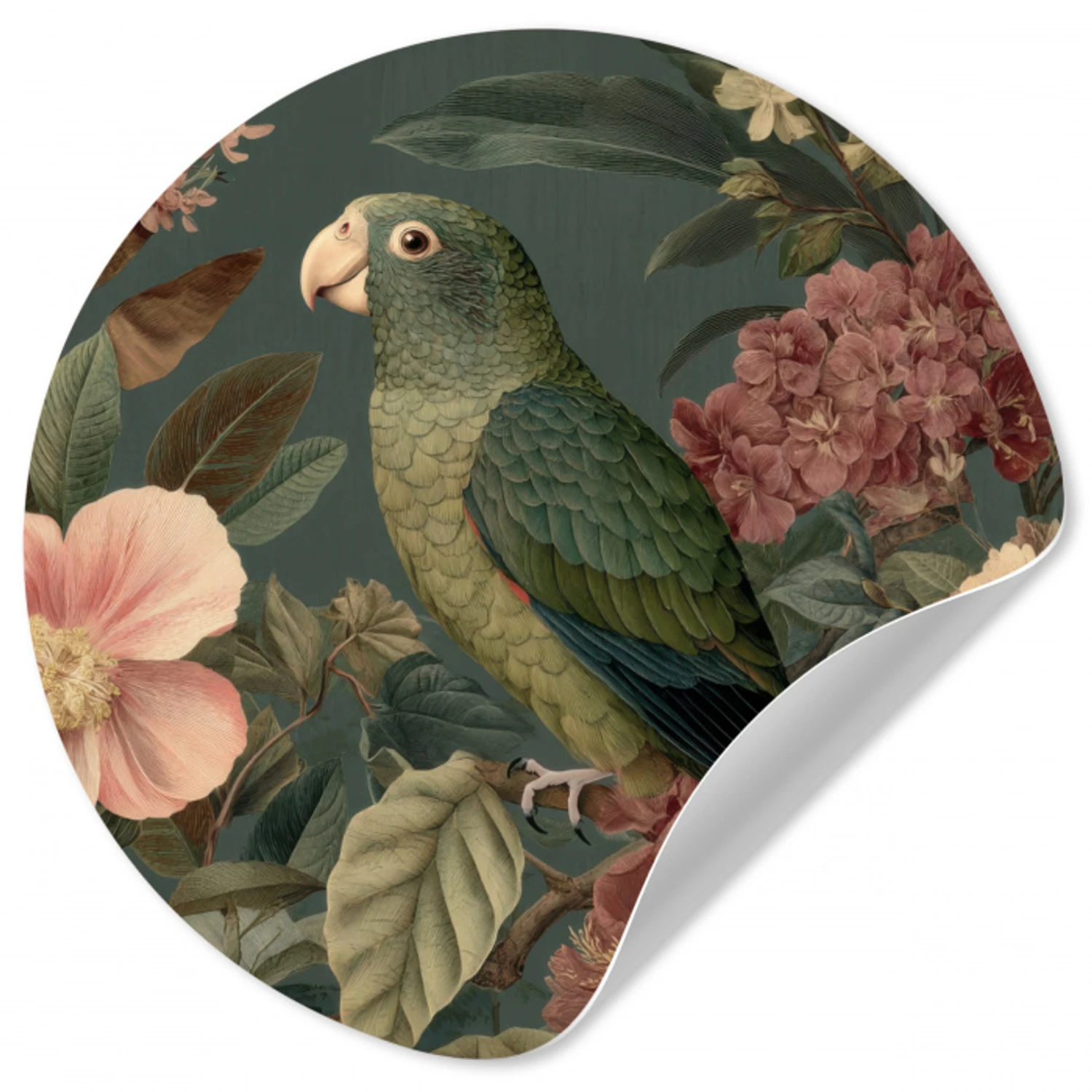 Groene papegaai - Kleurrijke bloemen - Donkere achtergrond Wandcirkel behangsticker klein -3d