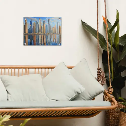 Skyline - Wolkenkrabbers - Water - Blauw tuinposter los doek klein -sfeer7