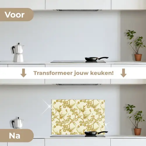 Kraanvogels - Kersenbloesem - Goud keuken achterwand spatscherm klein 900 -voor_na_NL