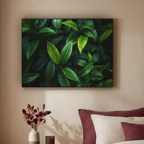 Bladeren - Regendruppels - Licht - Groen Textielframe zwart klein -sfeer1