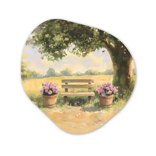 Houten bankje - Bloempotten - Landschap Wandcirkel Organisch Forex 3mm klein -3d