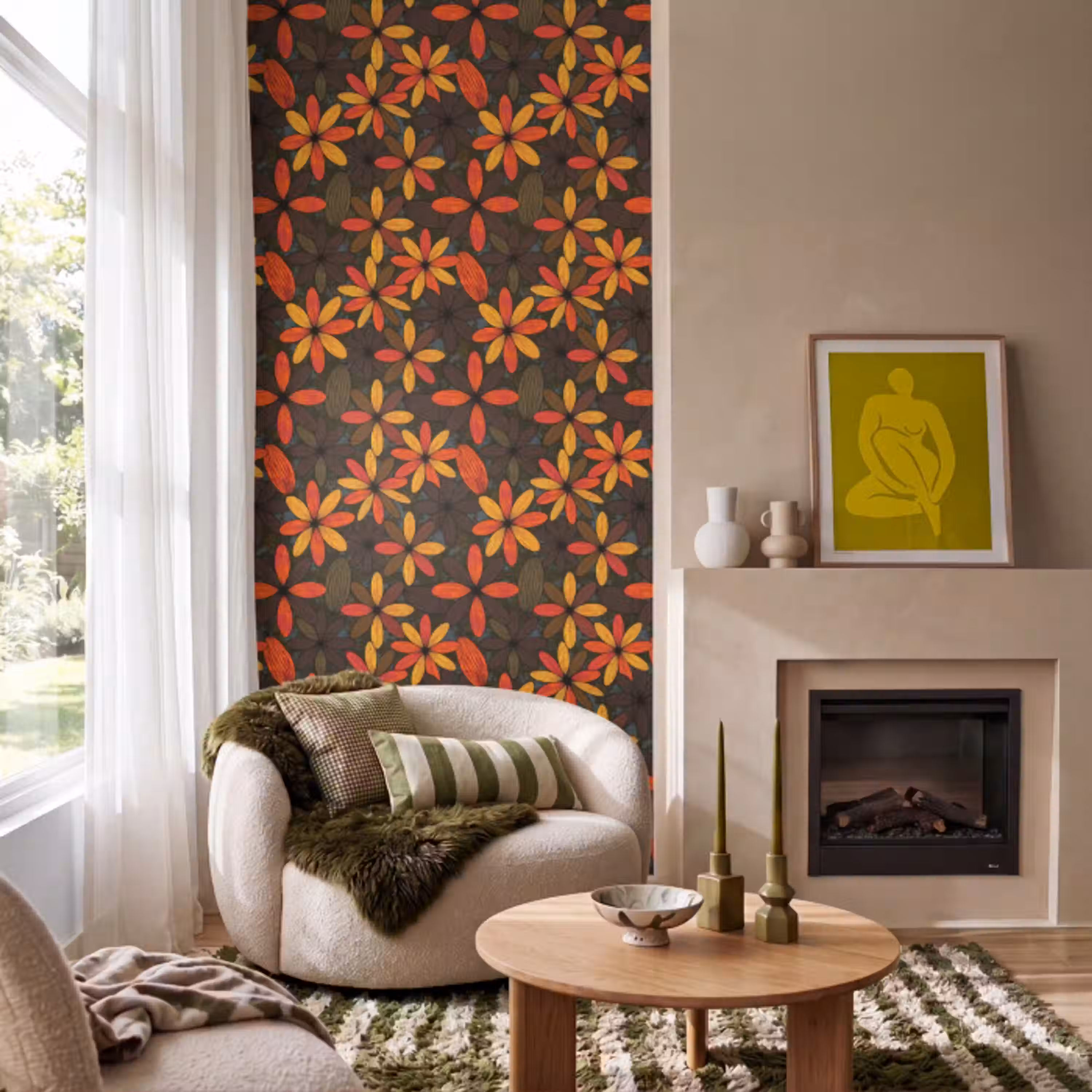 Oranje - Retro - Bloemen - Herfst Behang Vlies klein 1076 -sfeer2