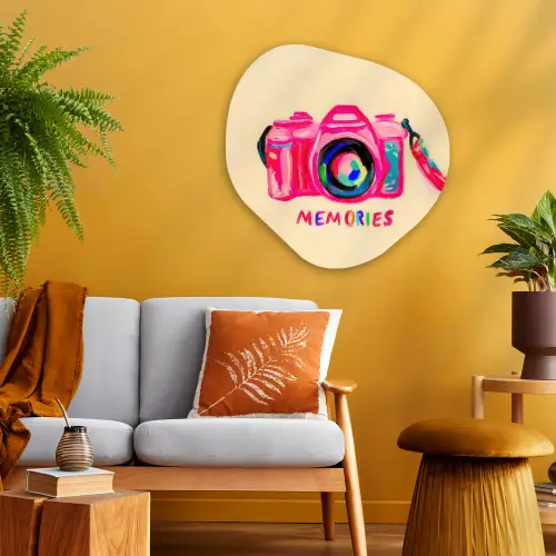 Camera - Memories - Roze - Geschilderd Wandcirkel Organisch Plexiglas middel -sfeer4