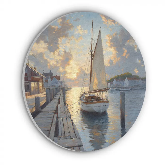 Zeilboot - Zon - Pier - Hout Akoestische PET Vilt - Rond klein -3d