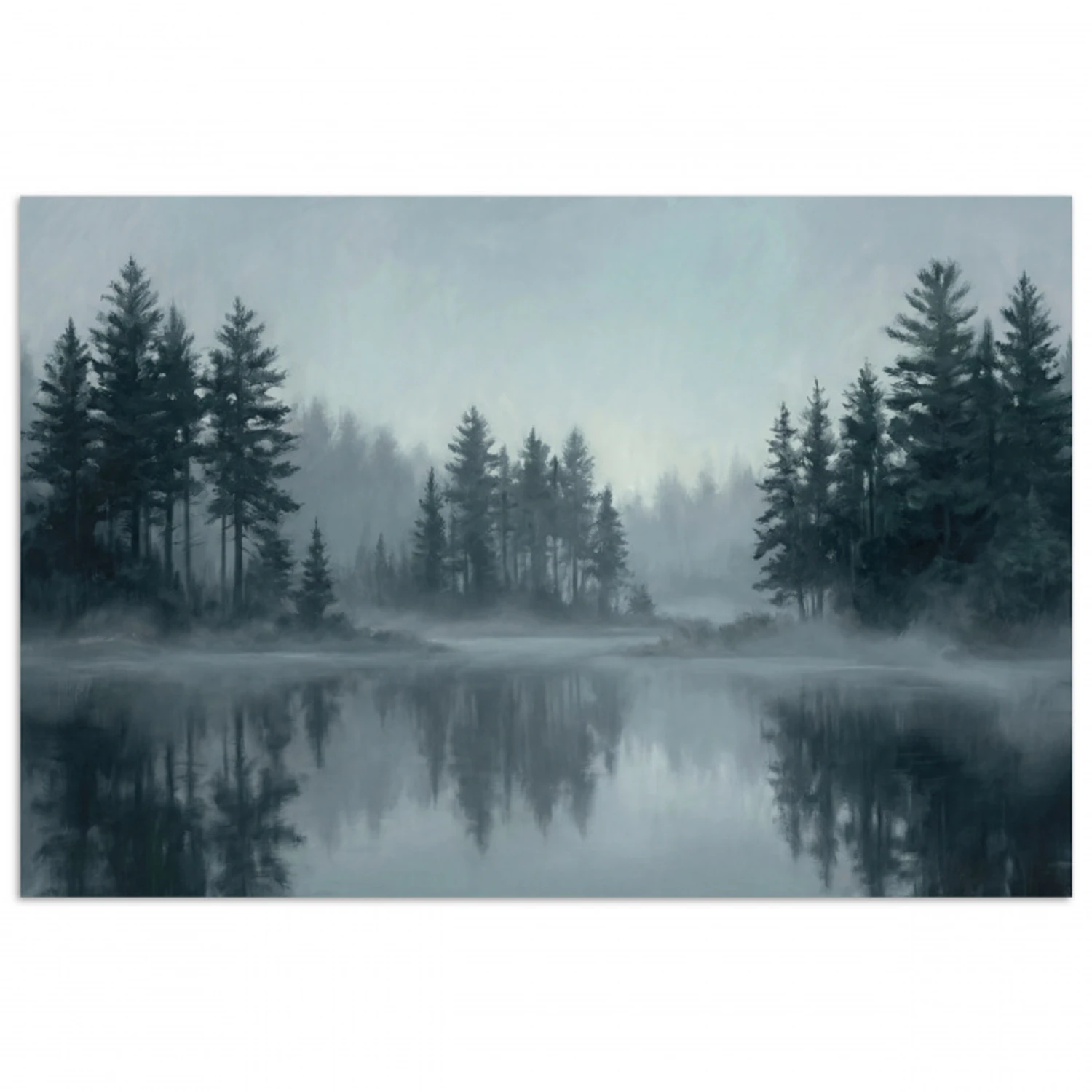 Bos - Meer - Mist - Natuur - Grijs poster papier klein -3d
