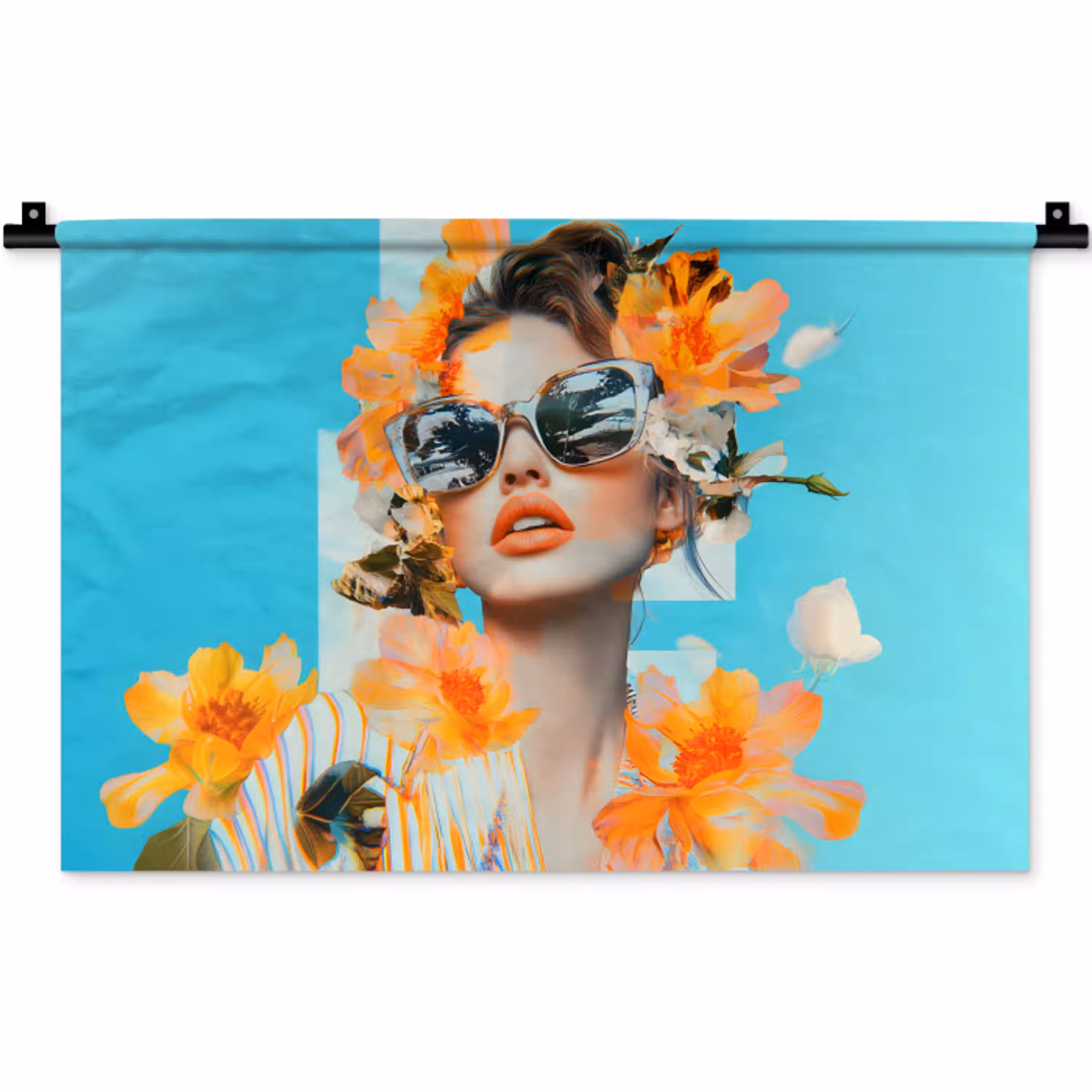 Bloemen - Vrouw - Zonnebril - Blauw Wandkleed katoen klein -zz3d