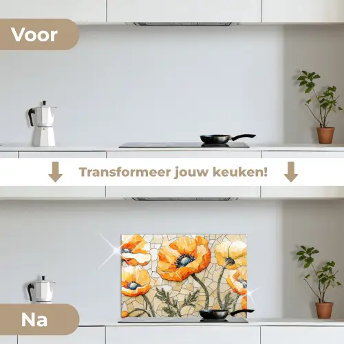 Klaprozen - Oranje - Mozaïek - Bladeren keuken achterwand spatscherm klein -voor_na_NL