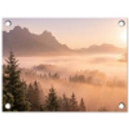 Zonlicht - Mist - Bergen - Bomen tuinposter los doek klein -3d